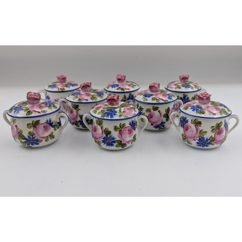 French Delvaux 18 Rue Royale Paris Pot de Creme Lidded Cups Set of 8 Floral READ